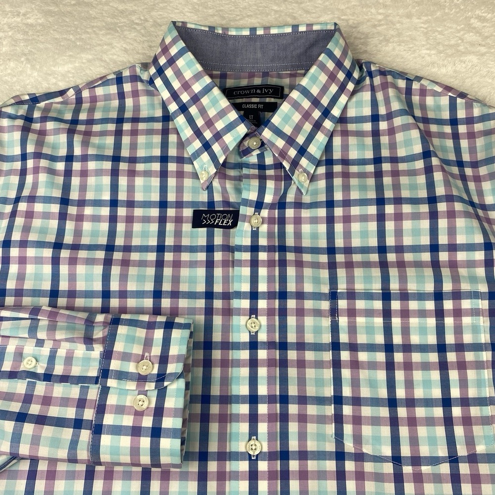 Crown & Ivy Shirt Mens Large Tall Blue/Lavender Checks Motion Flex NWOT!